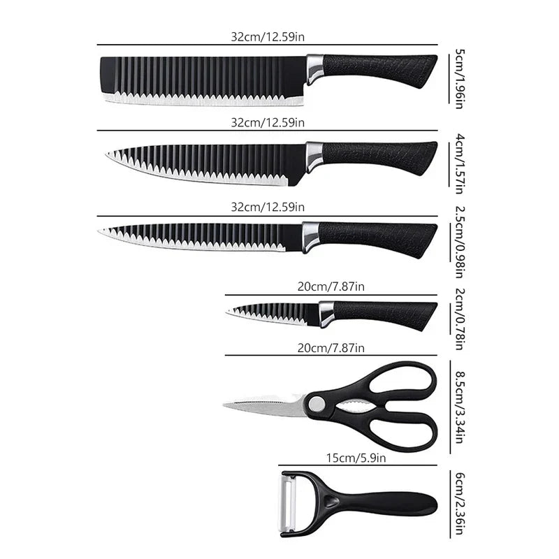 Kitchen knife set with block pieces laid out with labeled length and width dimensions on a white background