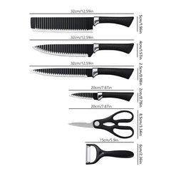 Kitchen knife set with block pieces laid out with labeled length and width dimensions on a white background