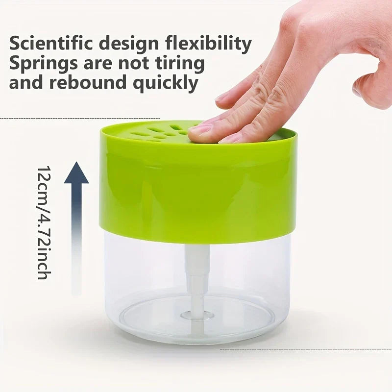 Kitchen Soap Dispenser Caddy - Hand pressing green pump soap dispenser, showing 12cm height and spring rebound design text