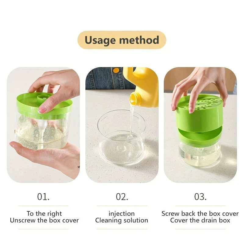 Kitchen Soap Dispenser Caddy - Three-step usage guide showing hands unscrewing a container lid, pouring cleaning liquid into the base, and replacing the lid