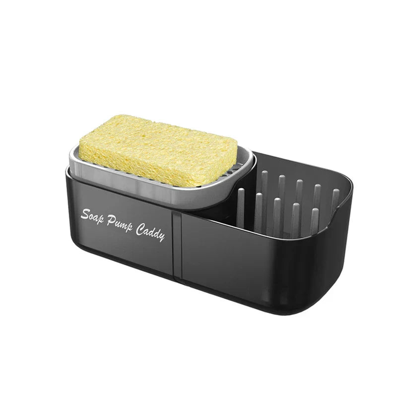 Kitchen Soap Dispenser - Black two-compartment soap pump caddy with a yellow sponge resting on the perforated pump platform