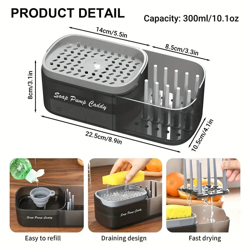 Distributeur de savon de cuisine - Porte-pompe à savon avec dimensions et capacité indiquées, plus trois petits panneaux montrant les détails de remplissage, d'égouttage et de séchage