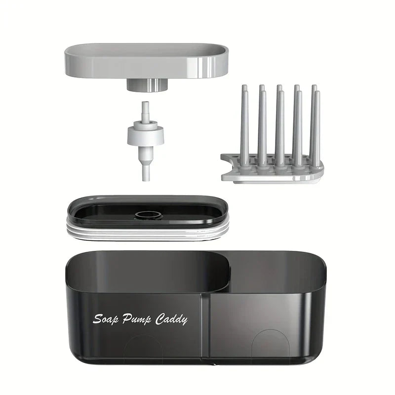 Kitchen Soap Dispenser - Exploded view of soap pump caddy showing separate component parts laid out vertically