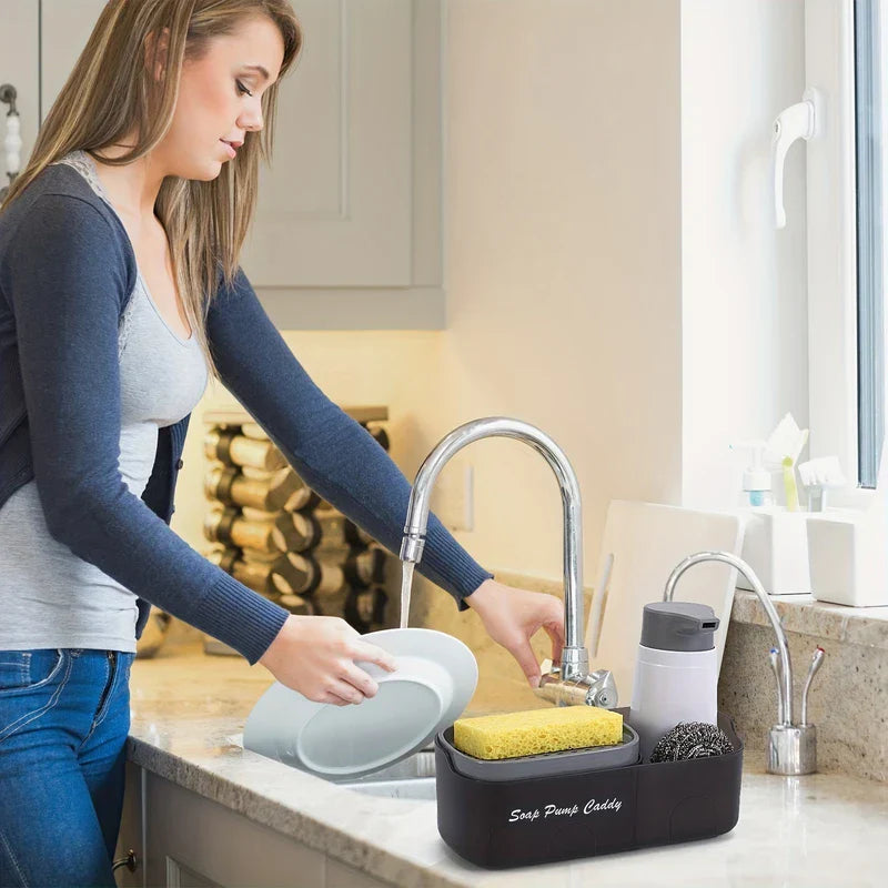 Kitchen Soap Dispenser - Woman washing a plate at a kitchen sink, with a soap pump caddy holding a sponge and scrubber on the counter nearby.