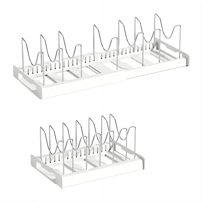 Kitchen Storage Rack - Two expandable white wire dividers in extended and compact configurations