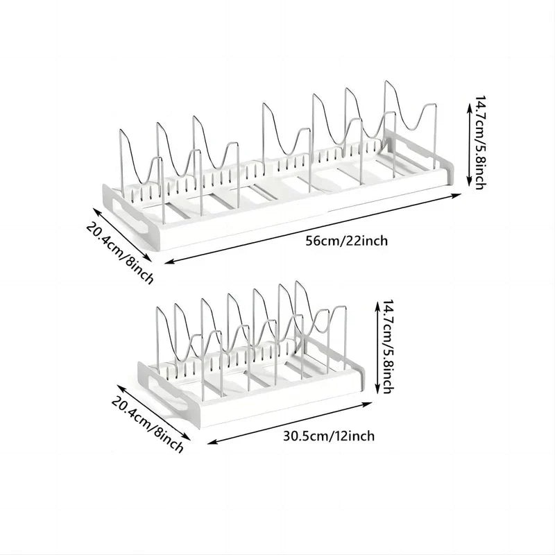 Kitchen Storage Rack - Two white dish racks, long and short size, with dimension labels in centimeters and inches
