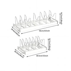 Kitchen Storage Rack - Two white dish racks, long and short size, with dimension labels in centimeters and inches