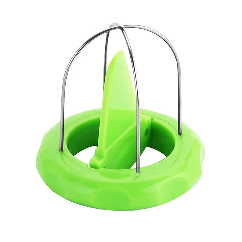 Kiwi Cutter Peeler Slicer Tool - Compact kitchen gadget with bright green plastic base, stainless steel wire prongs, and central serrated plastic blade