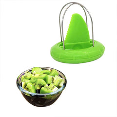Kiwi Cutter Peeler Slicer Tool - Kitchen gadget displayed next to a glass bowl filled with cut fresh kiwi chunks