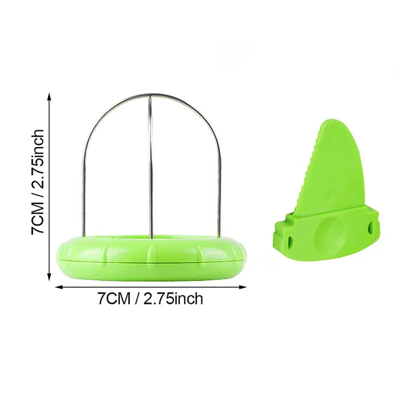 Kiwi Cutter Peeler Slicer Tool - Kiwi cutter tool with detached piece, dimensions 7cm by 7cm marked against white background