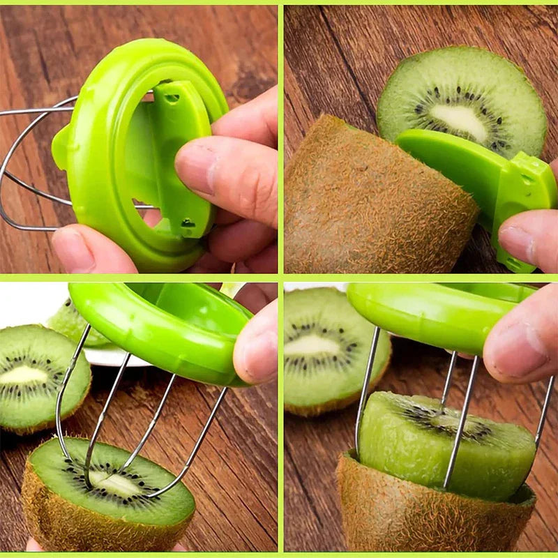 Kiwi Cutter Peeler Slicer Tool - Four-step process showing kiwi peeling and fruit extraction using the green cutter tool