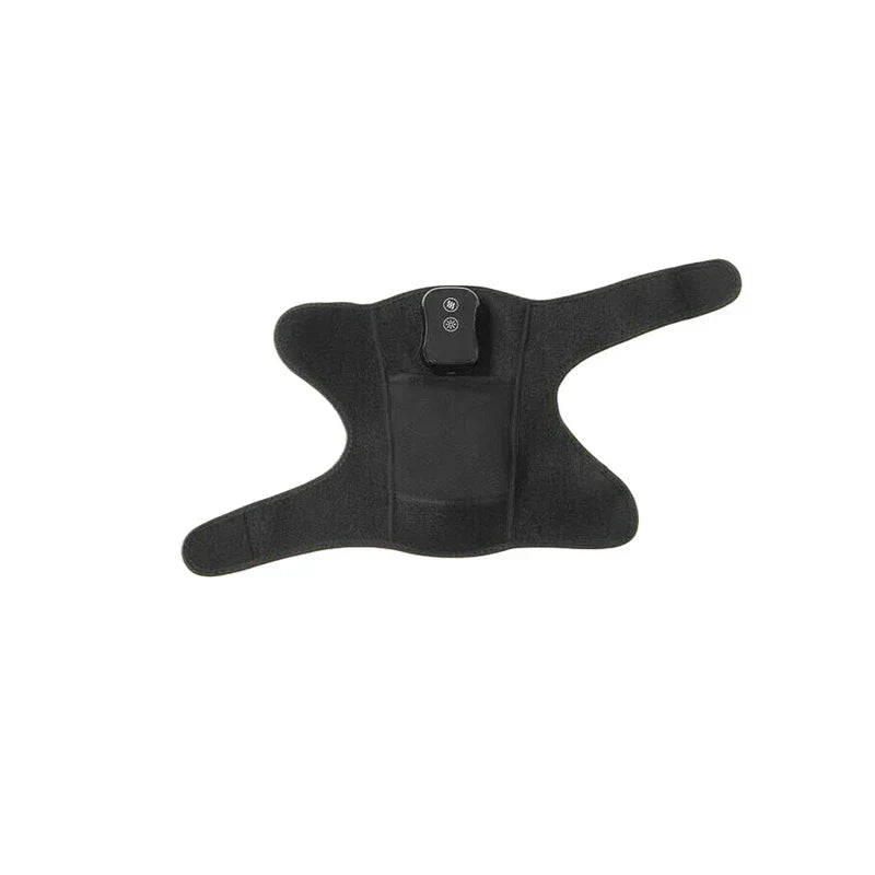 Knee Massager With Heat - Black adjustable wrap-style therapy device with two-button control unit, laid flat against white background