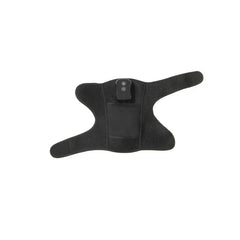 Knee Massager With Heat - Black adjustable wrap-style therapy device with two-button control unit, laid flat against white background