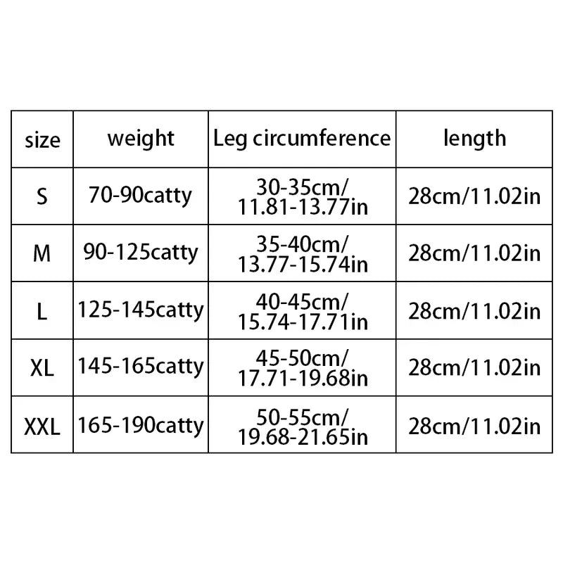 Compression Sleeve - Size chart for a leg sleeve listing size, weight range, leg circumference, and length measurements
