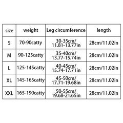 Compression Sleeve - Size chart for a leg sleeve listing size, weight range, leg circumference, and length measurements