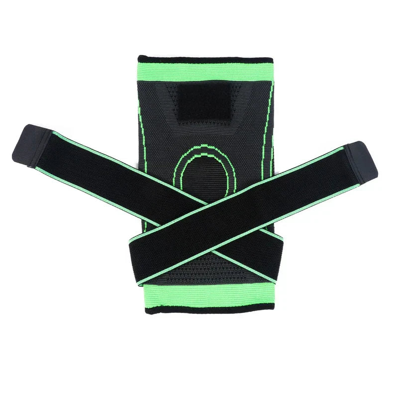 Compression Sleeve - Black and green knee brace laid flat, with two criss-cross strap extensions and a green circular knee contour pattern.
