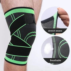 Compression Sleeve - Knee brace worn on a leg, with two close-up insets showing stretched weave fabric and breathable fabric texture.