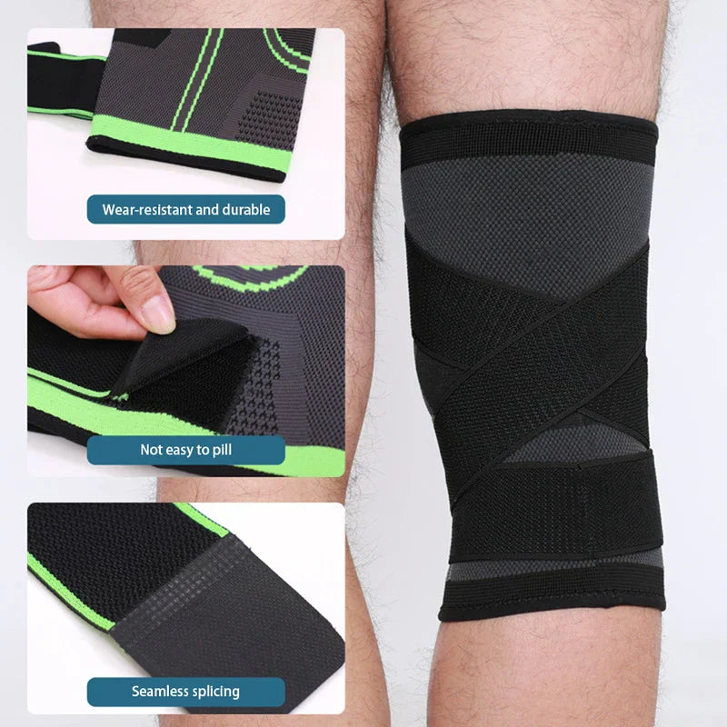 Compression Sleeve - Black knee brace worn on a leg, with three close-up insets showing fabric edge, anti-pill surface, and seamless stitching.