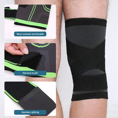 Compression Sleeve - Black knee brace worn on a leg, with three close-up insets showing fabric edge, anti-pill surface, and seamless stitching.