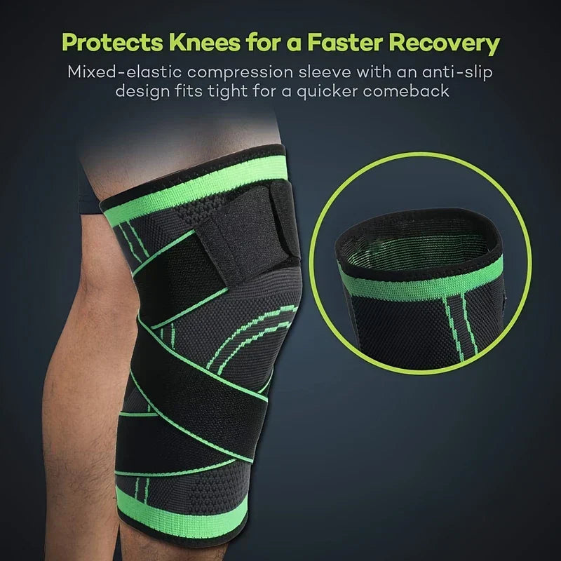 Knee Compression Sleeve - Black and green knee brace worn on a human knee, with a close-up inset of the brace's upper edge