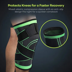 Knee Compression Sleeve - Black and green knee brace worn on a human knee, with a close-up inset of the brace's upper edge