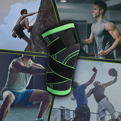 Knee Compression Sleeve - Black and green knee brace centered over four small photos of people doing different sports
