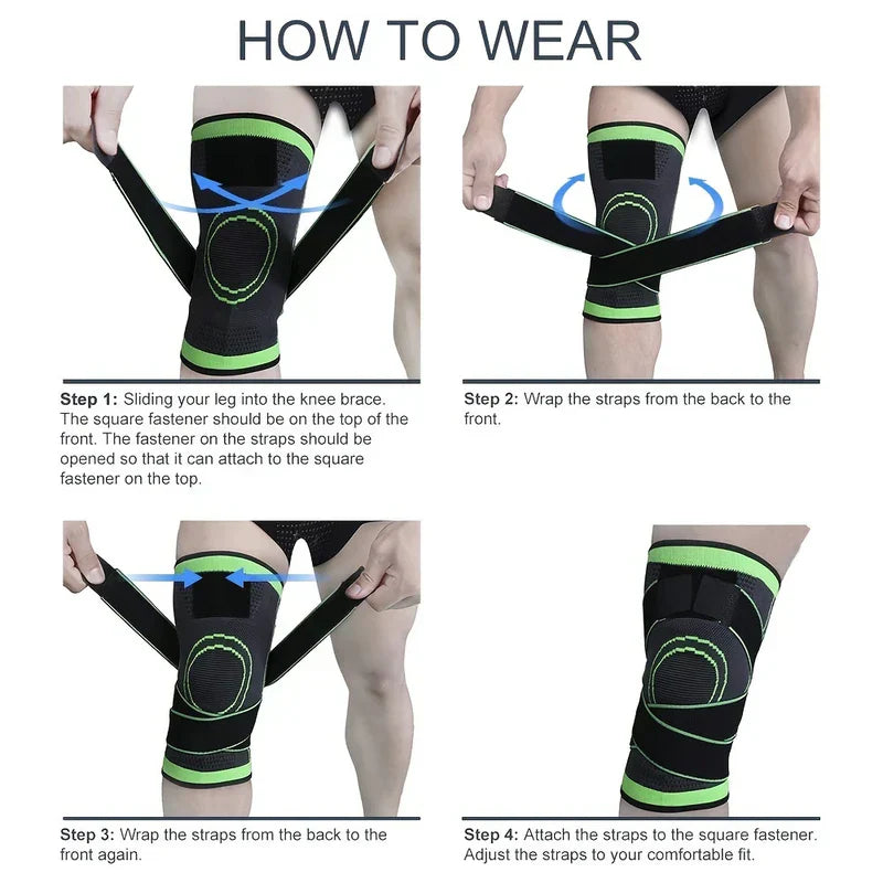 Knee Compression Sleeve - Four-step illustrated guide showing how to put on and adjust a knee brace with straps