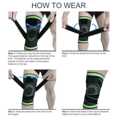 Knee Compression Sleeve - Four-step illustrated guide showing how to put on and adjust a knee brace with straps