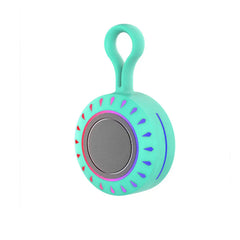 Portable Bluetooth Speaker - Mint teal round speaker with integrated loop hanger, mesh grille, and gradient accent detailing