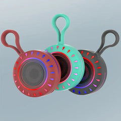 Portable Bluetooth Speaker - Three color variants of the round loop-hanger speaker: red, mint teal, and black