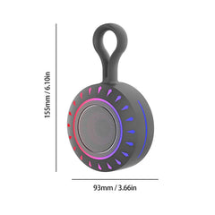 Portable Bluetooth Speaker - Charcoal gray portable speaker with integrated top loop, circular front, gradient pink-to-purple ring, red-to-blue accent marks, dimension lines showing size