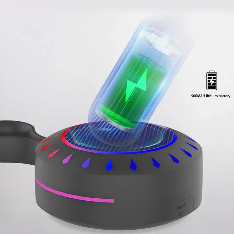 Portable Bluetooth Speaker - Rendered cutaway view of a small speaker with illustrated 500mAh lithium battery and charging graphic, showing RGB ring lighting