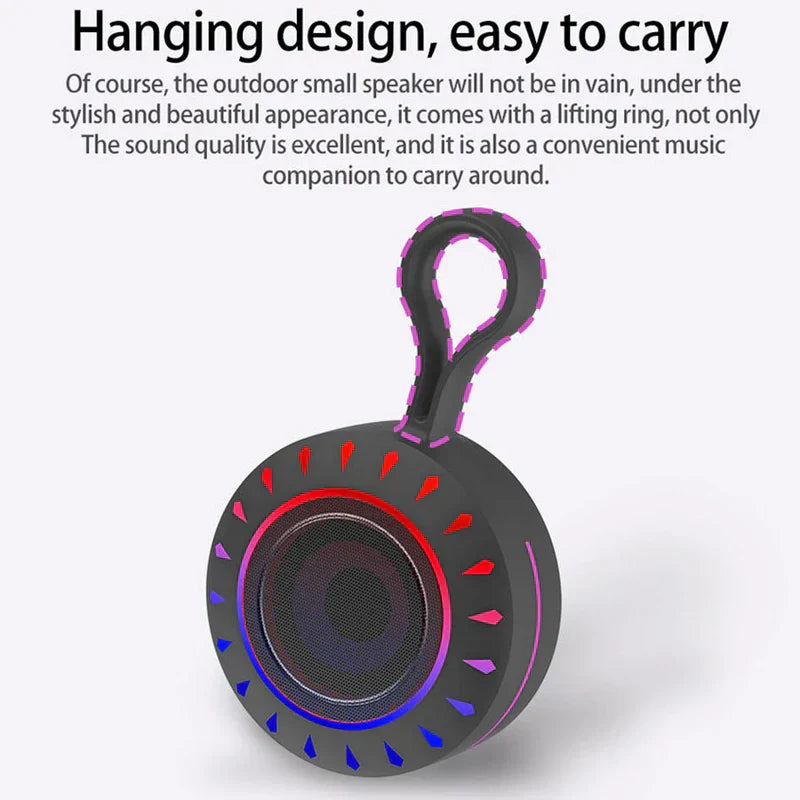 Portable Bluetooth Speaker - Rendered view of a round speaker with a hanging loop, showing RGB ring lighting on the speaker face