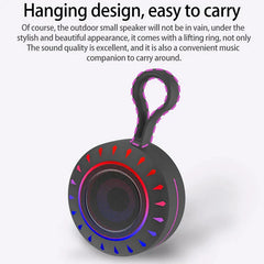 Portable Bluetooth Speaker - Rendered view of a round speaker with a hanging loop, showing RGB ring lighting on the speaker face