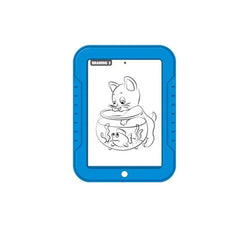 Drawing Board - Blue drawing pad showing black-and-white line art of a cat leaning on a fishbowl with a fish inside