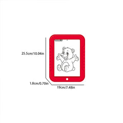 Drawing Board - Red children's drawing tablet with dimension lines, screen shows a sitting cartoon bear line drawing