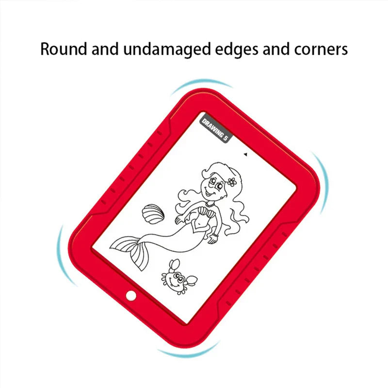 Drawing Board - Red drawing tablet shown at an angle, text above notes rounded undamaged edges and corners; screen shows a cartoon mermaid line drawing