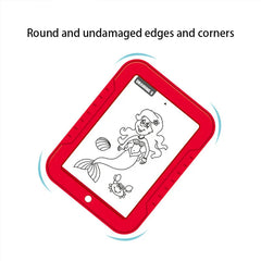 Drawing Board - Red drawing tablet shown at an angle, text above notes rounded undamaged edges and corners; screen shows a cartoon mermaid line drawing