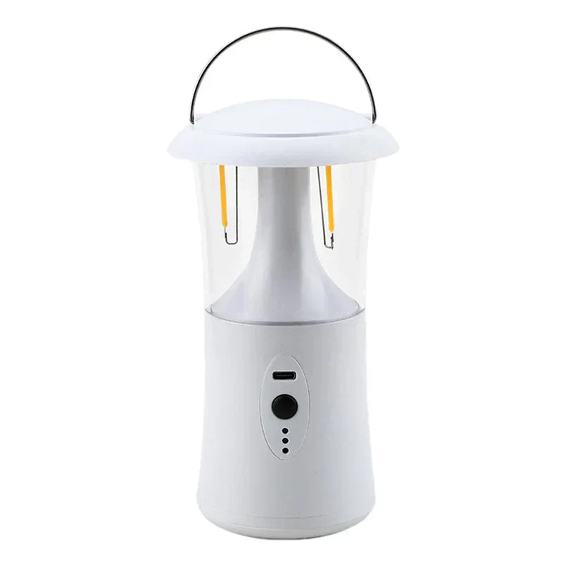 Camping Lantern - White portable light with top carry handle, control button, USB-C port, and battery indicator lights