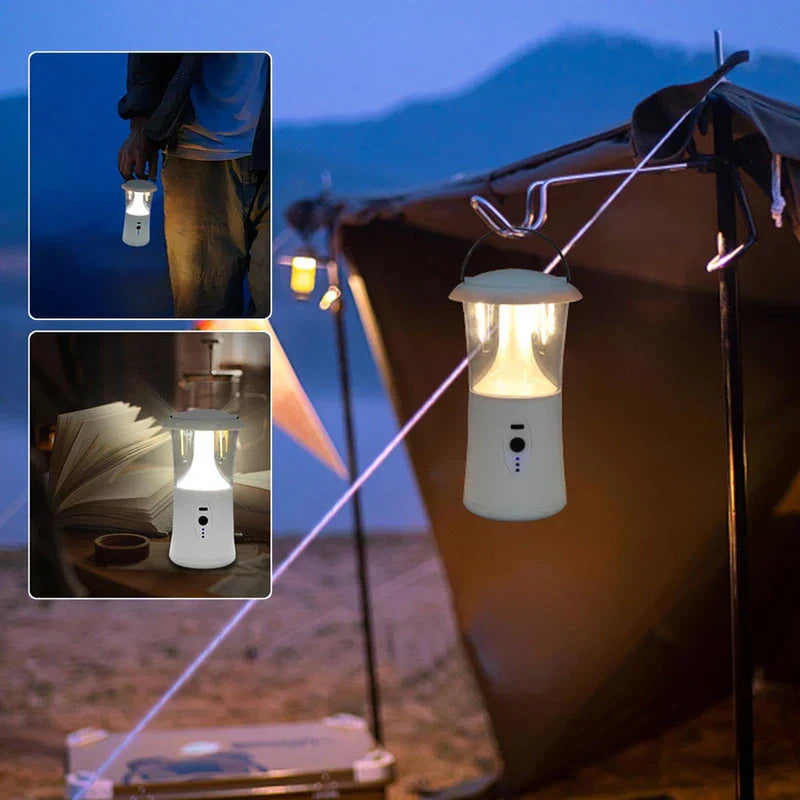 Camping Lantern - Collage showing lit light being carried, used for reading, and hung on a tent pole at a lakeside campsite