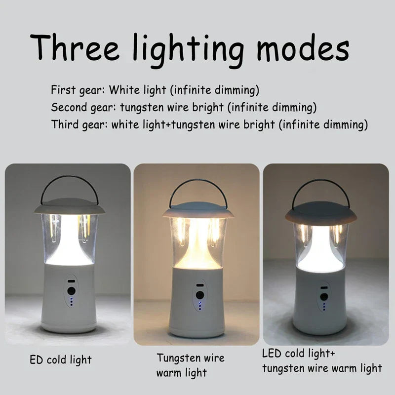 Camping Lantern - Rechargeable LED lantern showing three lighting modes: cold white light, warm tungsten light, and combined light, with mode descriptions above each demo.
