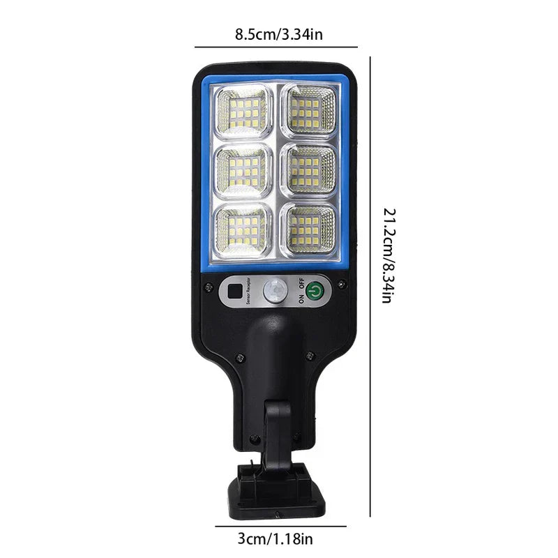 Remote Control - Wall-mounted solar street light with 6 LED grids, blue trim, showing 8.5cm width, 21.2cm height, 3cm base depth measurements