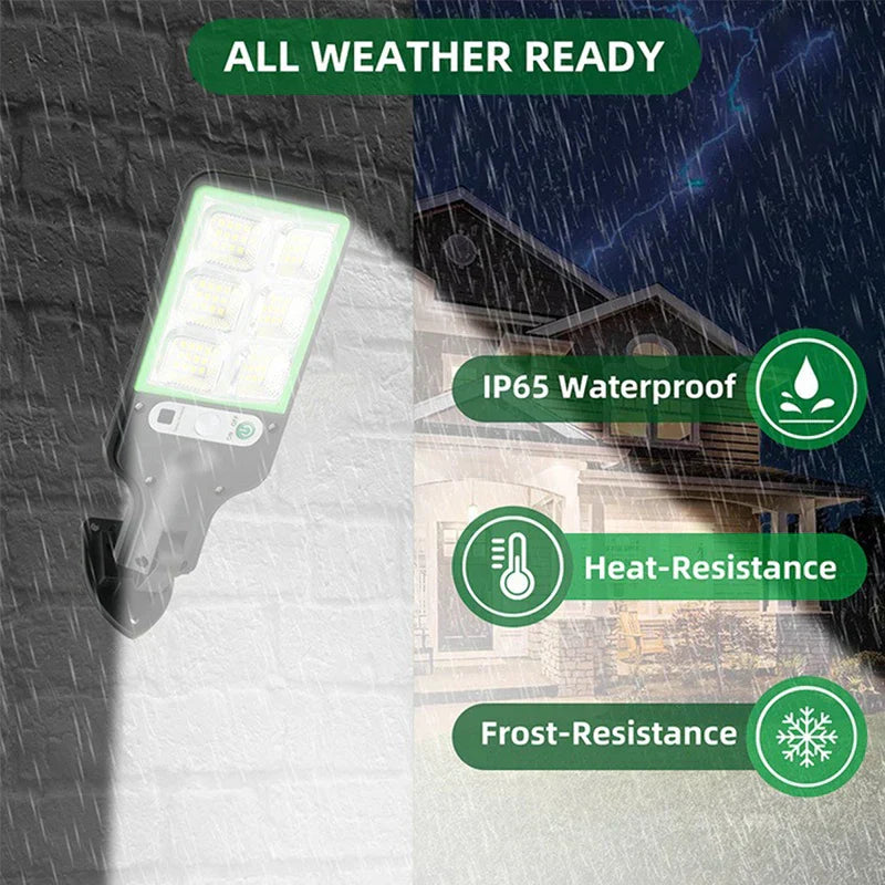 Remote Control - Solar street light mounted on a brick wall in rainy weather, with all weather ready labels for IP65 waterproof, heat and frost resistance