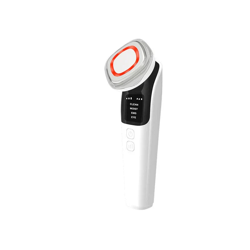 Terapia de luz LED: dispositivo facial blanco de cuidado de la piel con cabezal de tratamiento inclinado, pantalla de modos LED y dos botones laterales