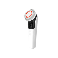 Terapia de luz LED: dispositivo facial blanco de cuidado de la piel con cabezal de tratamiento inclinado, pantalla de modos LED y dos botones laterales