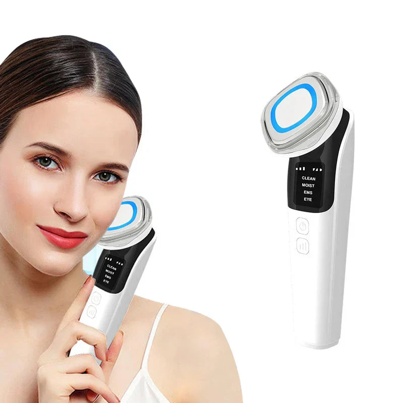 Led Light Therapy - Person holding the handheld facial beauty device against their cheek, with a full view of the device shown to the right