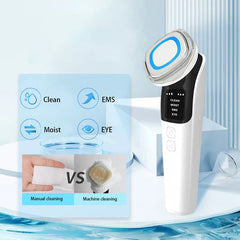 Led Light Therapy - Handheld facial beauty device displayed next to a graphic listing its four modes and a comparison of manual vs device-assisted cleansing