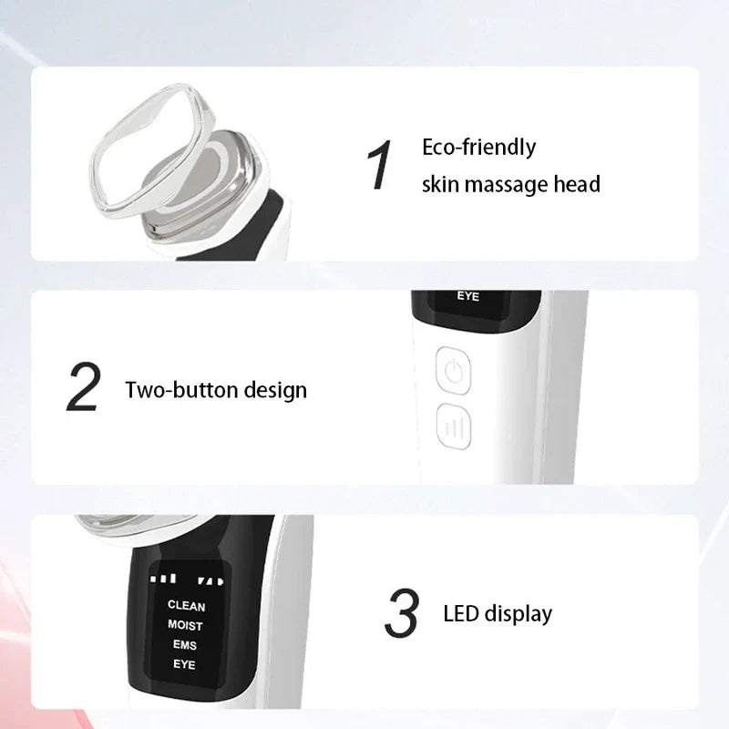 Terapia de luz LED: tres detalles de características etiquetados de un dispositivo de cuidado de la piel: cabezal de masaje, control de dos botones, pantalla de modos LED