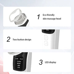 Terapia de luz LED: tres detalles de características etiquetados de un dispositivo de cuidado de la piel: cabezal de masaje, control de dos botones, pantalla de modos LED