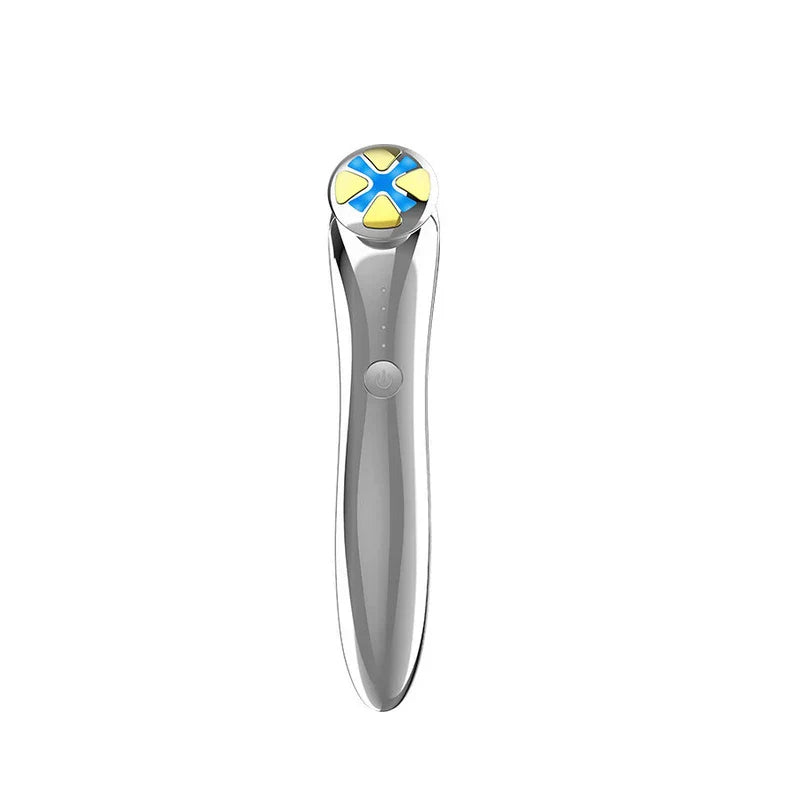 Led Light Therapy Eye Beauty Massager Pen - Sleek silver handheld eye care device with rounded treatment head, power button, and indicator lights